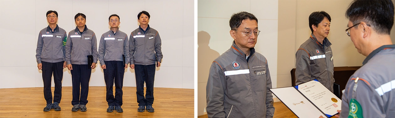(좌측부터) 강정훈 공장장, HDPE생산팀 이주원 팀장, LLDPE생산팀 김상원 팀장, 운영1팀 서우원 팀장
